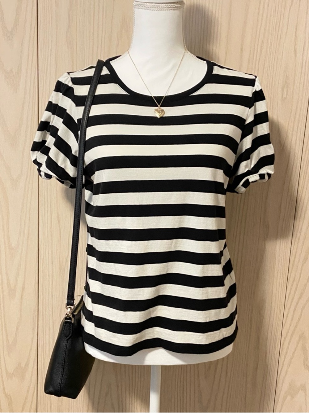 J. Crew 100% Cotton Women’s Medium Jersey Puff Sleeve Black Cream Striped Tee M